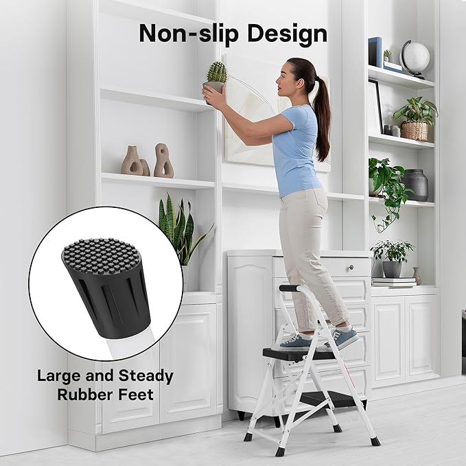BONTEC 2-Step Ladder, Folding Step Stool, 600lbs Max Load Capacity, Sturdy Steel, Non-Slip Pedals, Lightweight, Portable Steel Ladder with Convenient Handrail, Safety Design for Home & Work, White