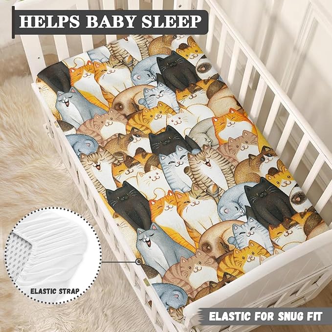 Colorful Cats Fitted Crib Sheet for Boys Girls Cute Animal Kittens Baby Sheet for Standard Crib and Toddler Cartoon Cat Nursery Bed Mattress Sheets 28"x52"