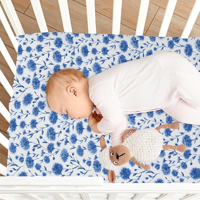 Ink Blue Cornflower Crib Sheets Standard Crib Toddler Mattresses Cover Fitted Baby Bed Sheet Breathable Crib Mattress Sheet for Girls Boys 52" x 28"x5''