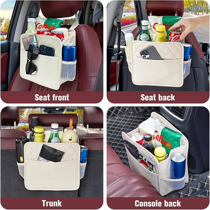 LXUNYI Back Seat Car Organizer, Large Car Seat Organizer with Cup Holders Multifunctional Over the Car Seat Organizer Backseat Hanging Leather Car Seat Organizers and Storage Bags(Beige 1Pack)