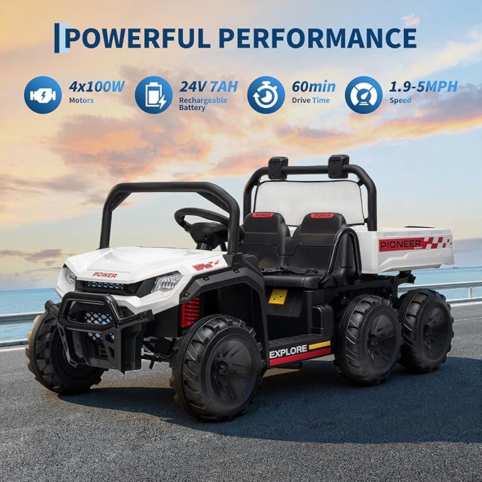 24V 4WD Electric Dump Truck for Kids, 2 Seater Remote Control Ride On Car with Dump Bed, All Terrain Vehicle Toy for Boys & Girls 3-8 Years Old, White