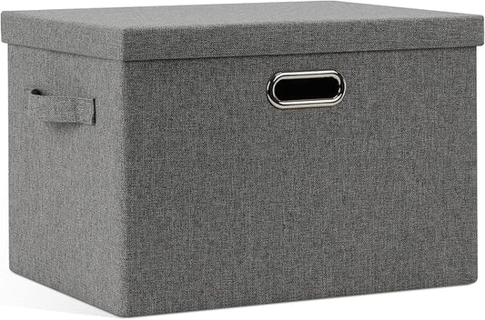 Graciadeco Large 17" 36 Quart Collapsible Stackable Storage Bins with Lids, 1 Pack Grey Foldable Fabric Closet Storage Boxes with Lids, 4 Handles Heavy-duty Linen Cube Baskets for Bedroom