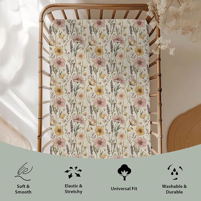 Vintage Floral Baby Crib Sheets for Boy Girl 52"x28" Retro Boho Flowers Soft Stretchy Fitted Crib Mattress Covers Wild Plant Spring Summer Baby Sheet for Standard Crib & Toddler Mattress Pad