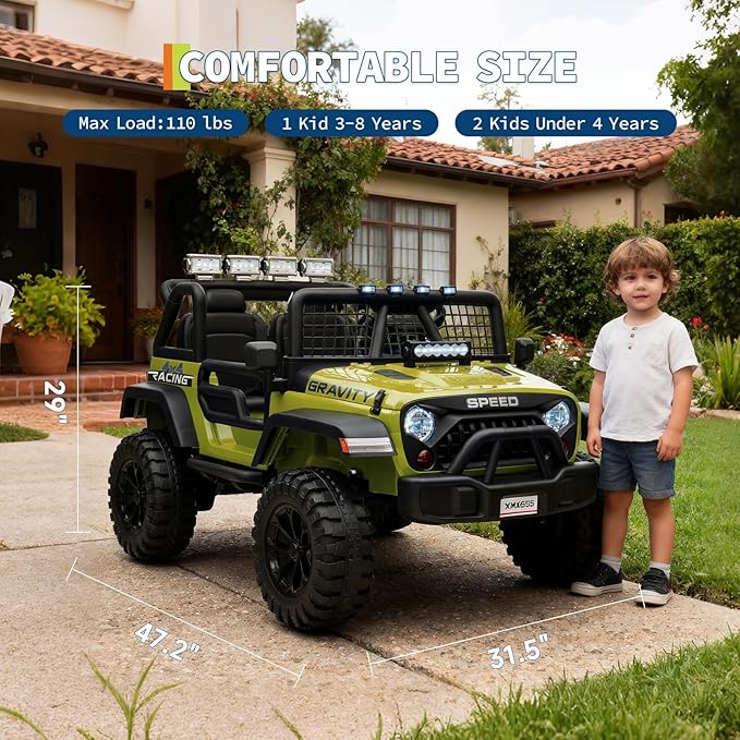 24V Ride on Car for Kids, 2 Seater Electric Truck with Parent Remote Control, Spring Suspension, 2 Speeds, LED Headlight & Music Player, Kids Electric Vehicle for Aged 3-8 Years, Green