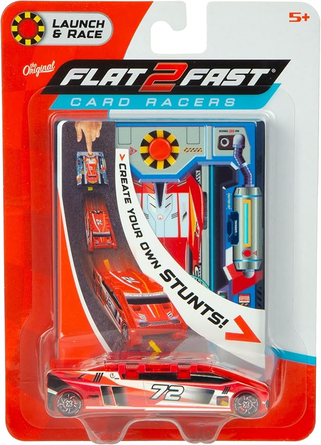 FLAT 2 FAST Original Stunt Card Racer – Flat Car Racer and Pocket Size Racecar Launcher with Built-in Button for Stunt Launching and Racing – Compact – Red