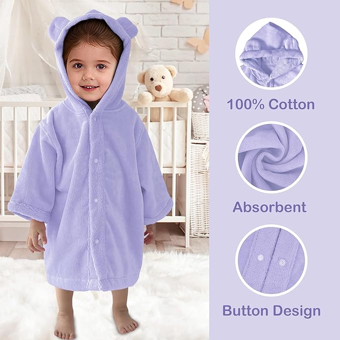 VOOVA & MOVAS Baby Hooded Poncho Towel with Bear Ear, 0-3Years | 100% Cotton, Ultra-Soft & Absorbent | Gentle for Sensitive Skin, Bath, Pool Towel for Toddler | Newborn (Purple)