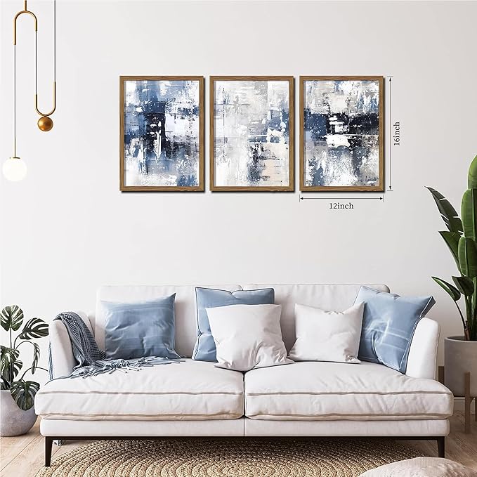 Blue Abstract Wall Art Set of 3, White and Blue Abstract Canvas Wall Decor Paintings, Modern Neutral Minimalist Posters Prints Pictures for Living Room Bedroom Office Home Decor 12x16 Inch Wood Framed