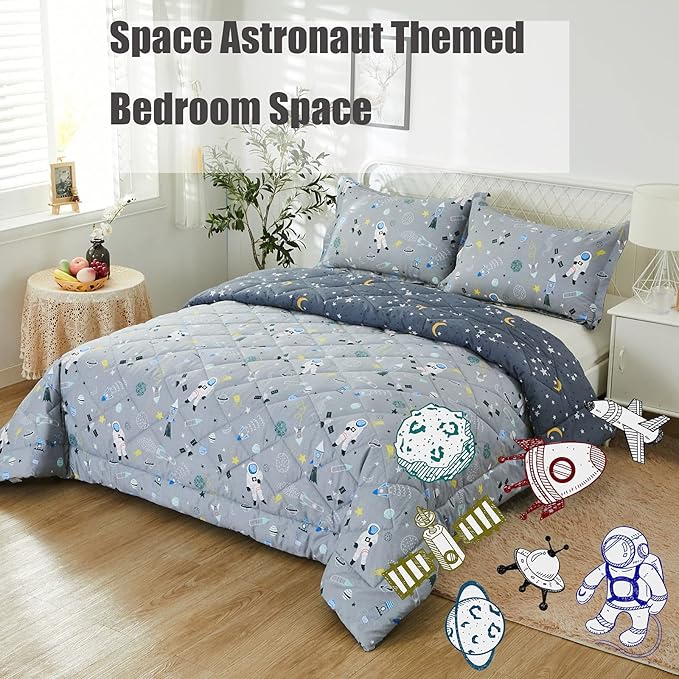 Brandream Kids Space Bedding Set Boy Girl 100% Cotton Space Rocket Galaxy Comforter Set 3-Piece Twin Size