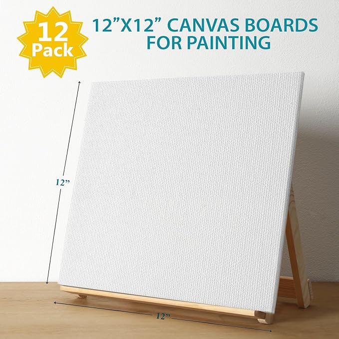 KEFF Canvas Boards for Painting - 12x12 12-Pack Bulk Canvas Panels, 100% Cotton Triple Primed Large Canvases for Art Painting Supplies, Acrylic, Oil, Watercolor & Tempera