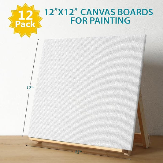 KEFF Canvas Boards for Painting - 12x12 12-Pack Bulk Canvas Panels, 100% Cotton Triple Primed Large Canvases for Art Painting Supplies, Acrylic, Oil, Watercolor & Tempera