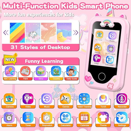 Kids Smart Phone for Girls Toys, Gifts for 3-10 Year Old Girl Boy Christmas Birthday Kids Toys, 2.8" Touchscreen Toddler Learning Cell Toy Phone with Dual Camera, Game, Music Player, 8GB Card Pink