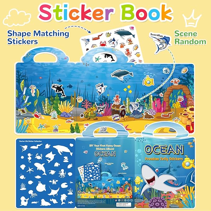 Reusable Sticker Book for Toddlers 3-6, Jelly Stickers for Kids, Sticker Activity Book Travel Toys for Road Trip, Car & Airplane, Educational Learning Gifts for Boys and Girls Ages (Ocean Theme)