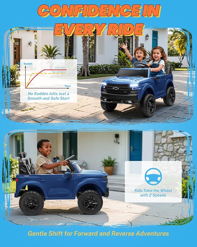 ENYOPRO 24V 2 Seater Ride on Car for Kids, Licensed Chevy Silverado LT Trail Boss Battery Powered Electric Car for Toddlers w/Remote Control, Metal Suspension, Soft Start, Bluetooth, LED Lights (Blue)