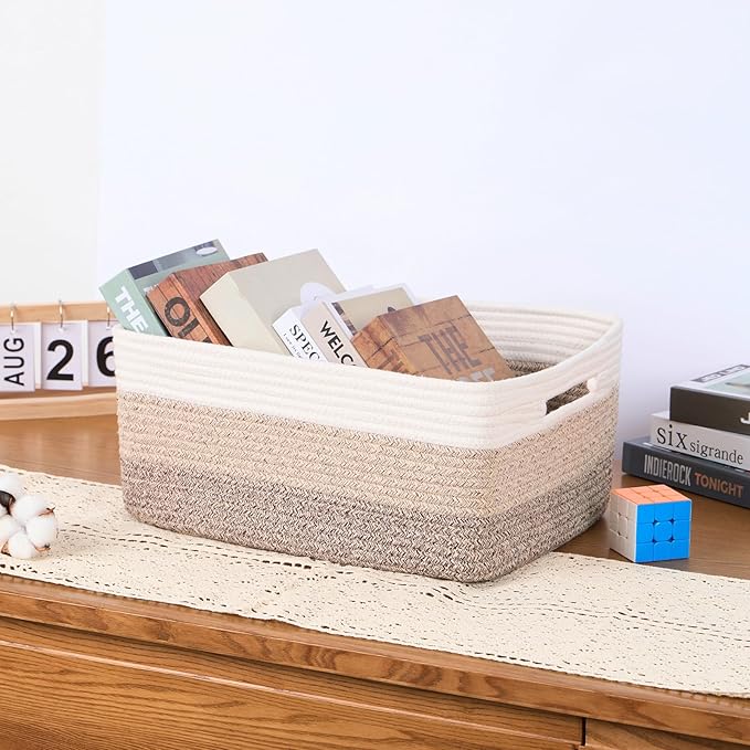 MiniArk Large Storage Baskets for Organizing, Closet Shelf Baskets for Clothes Blanket Towels, Baby Nursery, Toy Bins Box, Woven Rope Baskets, 17 x 13 x 7.5”, 4 Packs Gradient Brown