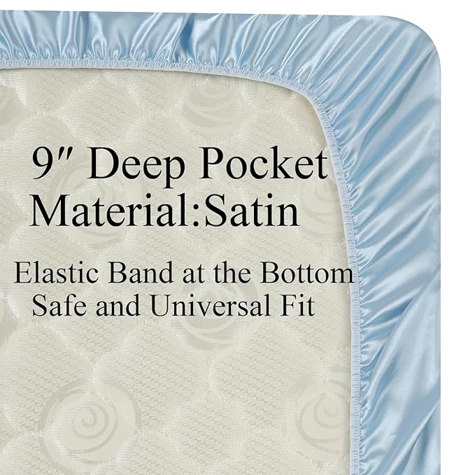 Knlpruhk Silk Fitted Crib Sheet 28" x 52" Surface (100% Pure Mulberry Silk) – 9" Deep Pocket (Satin) for Baby Hair 19 Momme 6A High Grade Fibers Ultra Soft Smooth Breathable Lt Blue