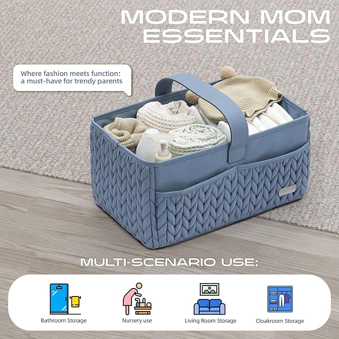 LUKJOJO Luxurious Baby Diaper Caddy, Nursery Storage Basket for Newborn Essentials, Travel Baby Basket for Diapers Baby Wipes, Organizer Tote Bag Storage Bin, Baby Shower Gifts(ash blue)