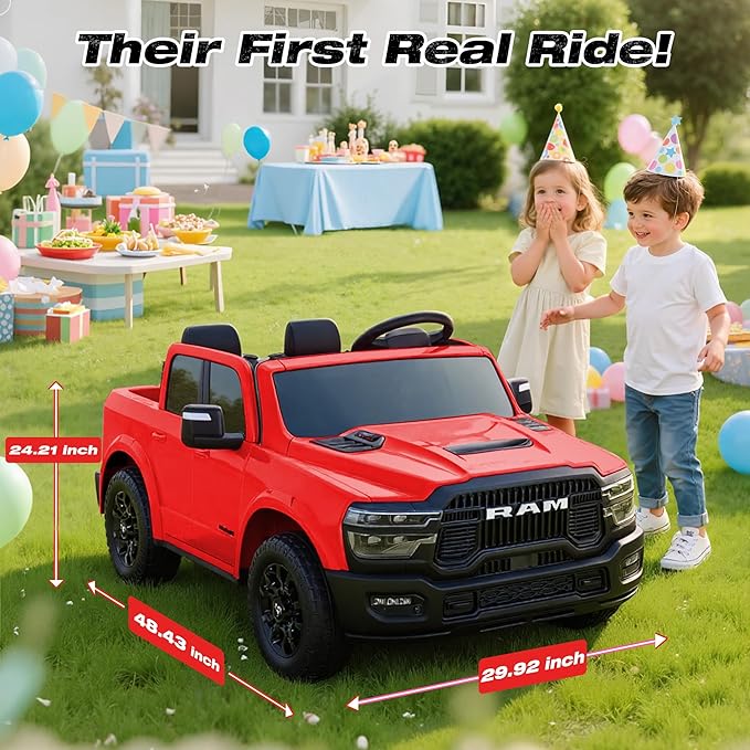 FUNTOK 24V 2 Seater Ride On Truck for Big Kids, Licensed RAM 2500 Kid's Electric Vehicles w/Remote Control, LED Light/Music/MP3/Bluetooth, Truck Bed Storage, Carry Wheels & Handle, Car for Kids 3-8