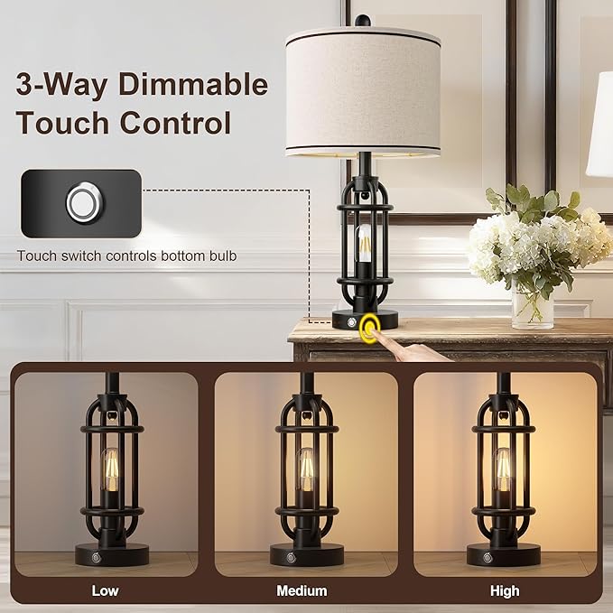 G-SAFAVA 24'' Table Lamps for Living Room Bedroom Industrial Touch Lamp with USB A+C Ports, Night Light Farmhouse Vintage Nightstand Bedside Lamps for Night Stands Metal Black, Bulbs Included