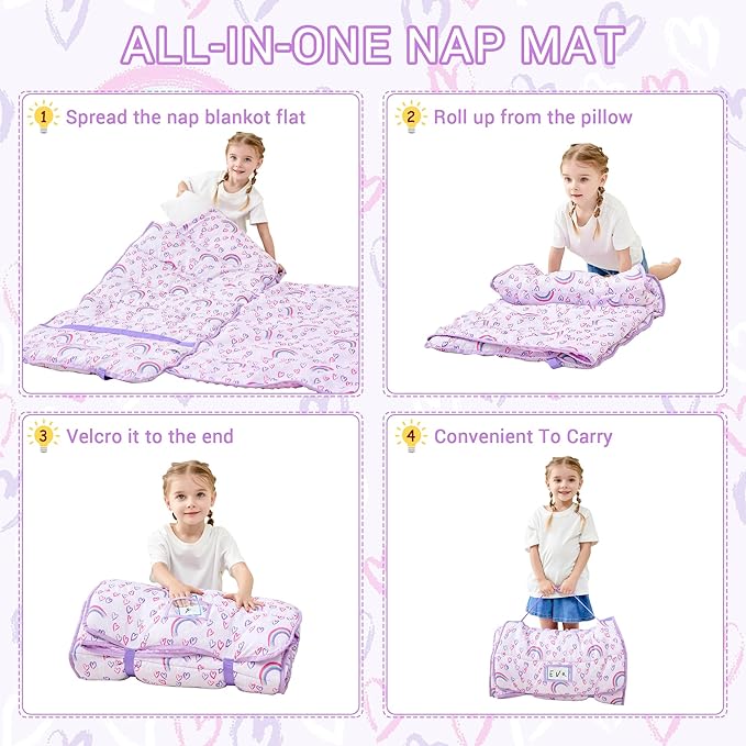 Toddler Nap Mat with Pillow and Blanket, Extra Large Rolled Napping Mats,Slumber Bags for Boys Girls,Kids Sleeping Bag for Daycare, Preschool Travel Camping
