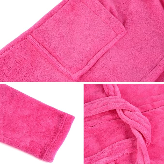 Hooded Herringbone Girl's Fleece Soft Spa Kimono Long Robe,Kids Comfy Sleepwear Bathrobe