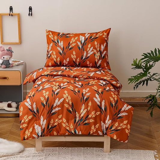 KAREVER Botanical Toddler Bedding Set Flower Print 4 Pieces Crib Bed Set Kids Burnt Orange Floral Comforter Set