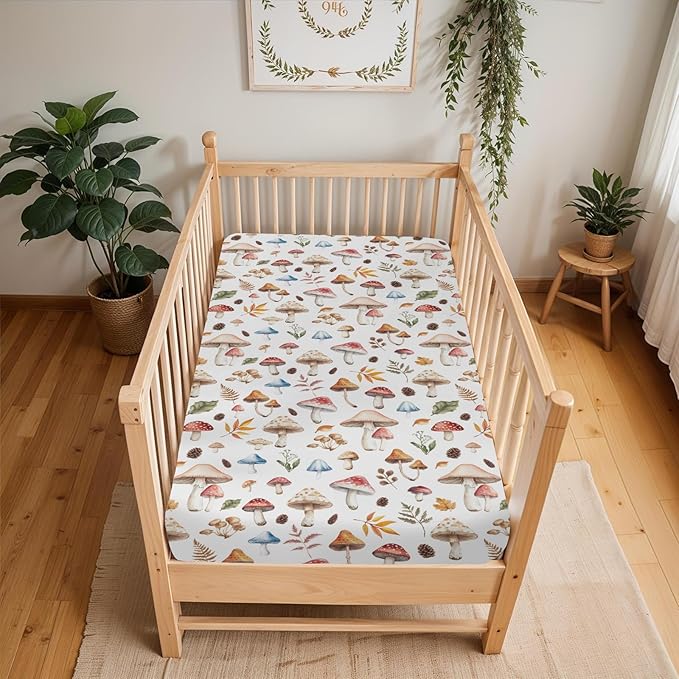 Watercolor Mushrooms Baby Crib Sheets for Boy Girl 52x28Inch Mushrooms Leaves Soft Stretchy Fitted Crib Mattress Cover Autumn Plant Baby Sheet for Standard Crib and Toddler Bed Mattress