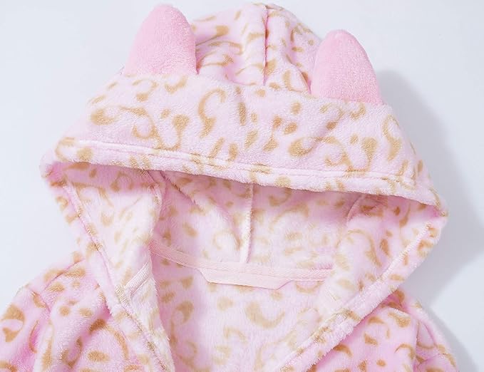 Topgal Leopard Cat Robe for Girls Fleece Toddler Kids Teen Hooded Bathrobe Size 4T-18