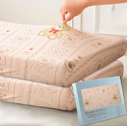 SDY Jersey Crib Sheets for Baby Girls,52"x28"X8", Pink Kawaii Bear Standard Oval/Retangle Crib Mattress Sheets for Toddler,Super Soft Breathable