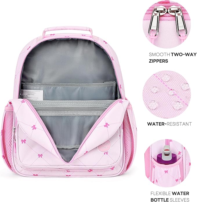 mibasies Girls Backpack 5-8: Lightweight Kids Backpacks for Girls - Girl Bookbag for Elementary School - Diamond-shaped Bow Pink