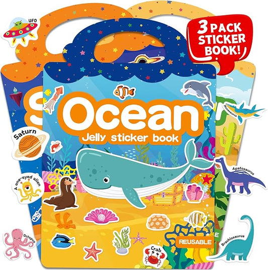 3 Sets Reusable Sticker Book for Toddlers 3-6, Jelly Sticker Books for Toddler, Travel Sticker Activity Toys for Kids 3 4 5 6 Years Old Girls & Boys（Ocean + Space + Dinosaur）