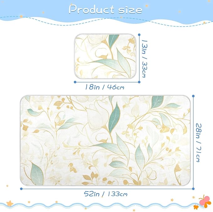 Cooling Baby Waterproof Crib Mattress Protector 28" x 52"Breathable Crib Padding for Sides for Baby&Toddler Green Gold Flowers
