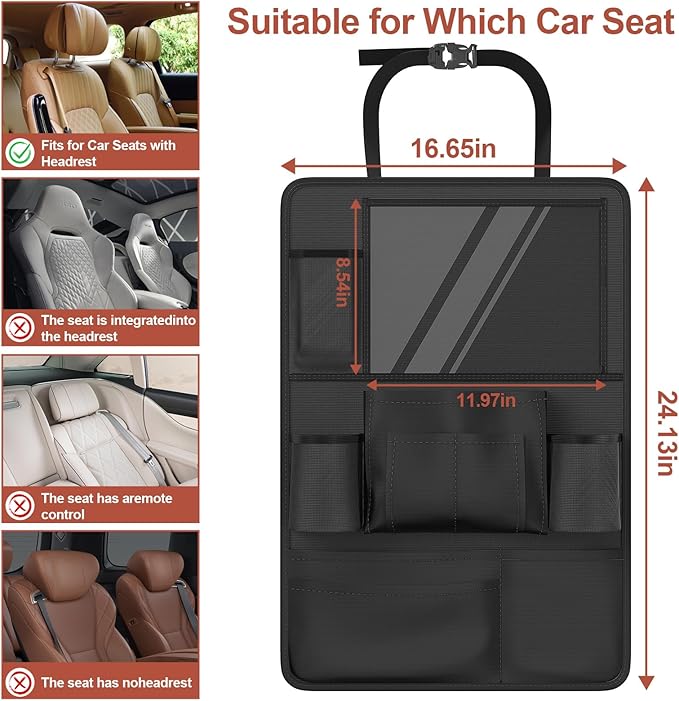 Oneyus Backseat Car Organizer with Touch Screen,Kick Mats Back Seat Protector with 10 Storage Pockets,Car Seat Back Organizers Storage for Snacks Drinks Toy Umbrellas for Kids Road Trip