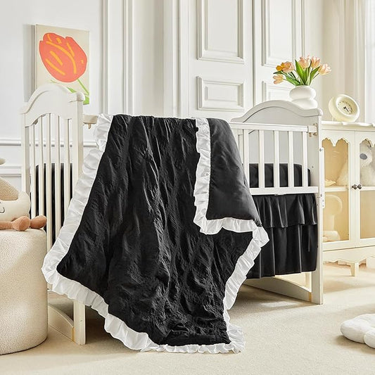 Ruffled Crib Bedding Set Baby Boho Quilted Comforter with Fitted Sheet and Bed Skirt - Cute Soft Breathable Seersucker Ruffled Shabby Chic Bedding Soft Blanket Design - Black