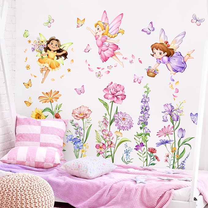Tanlaby Flower Fairy Wall Decals Butterfly Girl with Wildflower Sunflower Wall Stickers Elves Wall Art Decor for Girl Baby Nursery Kids Bedroom Living Room