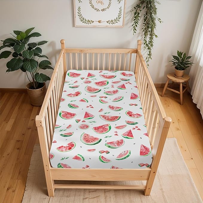 Watermelon Bites Leaves Baby Crib Sheets for Boy Girl 28"x52" Tropical Summer Fruits Soft Stretchy Fitted Crib Mattress Covers Beach Vacation Nursery Baby Sheet for Crib and Toddler Bed Mattresses