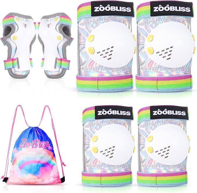 Knee Pads for Kids - ZOOBLISS Toddler Knee and Elbow Pads Set Wrist Guards for Skating Girls Aged 3-12, Kids Protective Gear for Roller Skates Skateboard Bike Scooter, Included Drawstring Bag(Rainbow)