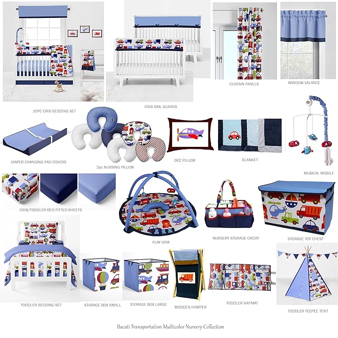Bacati - Transportation Blue 4 Piece Boys Toddler Bedding Set 100 Percent Cotton Includes Reversible Comforter, Fitted Sheet, Top Sheet, and Pillow Case for Boys