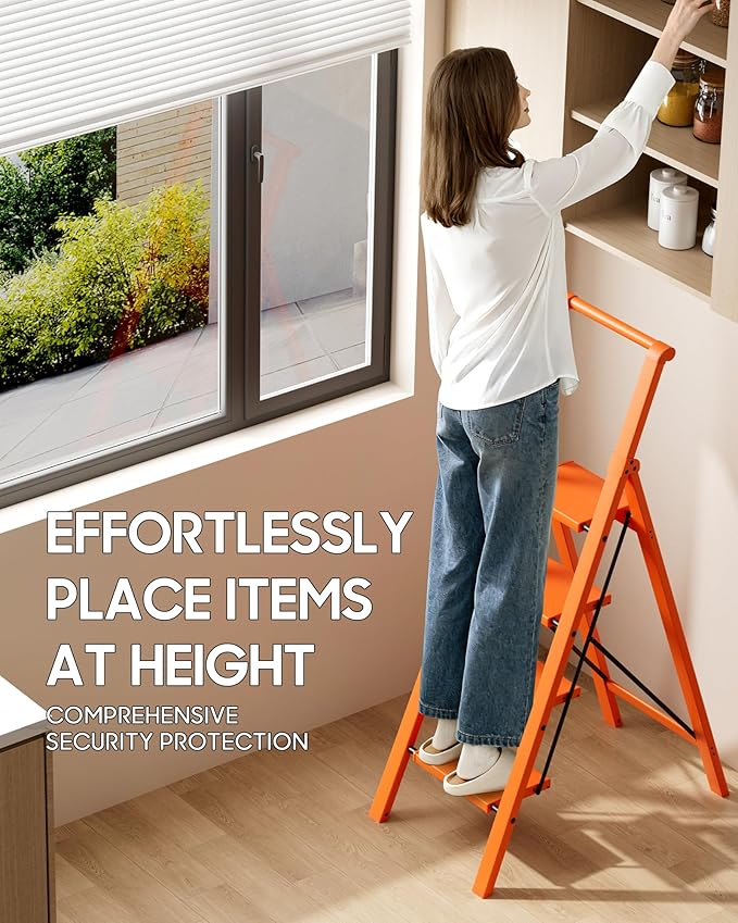 HillhutApex 4 Step Foldable Aluminum Step Ladder with Handgrip, Anti-Slip Pedal, 330 lbs Capacity, Lightweight & Portable for Home, Kitchen, Office, Garage (Orange)