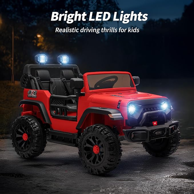 2 Seater Ride on Car Toy, 12V Electric Car for Kids 4-8 with Remote Control, Capacity 150 lb, LED Light - Red