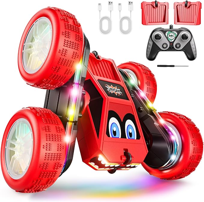 WayEee Remote Control Car, 360° Flips RC Stunt Car with LED Lights Strips, Type-C Charge Modular Battery, 2.4 GHZ Double Sided High Speed RC Cars for Boys Age 8-12 Girls 3+ Kids Toys Birthday Gifts