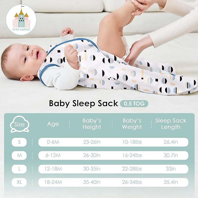 Cute Castle Baby Sleep Sack 12-18 Months - Lightweight 100% Cotton 2-Way Zipper TOG 0.5 Infant Wearable Blanket, Newborn Essentials Toddler Sleep Clothes (3 Pack Blue)