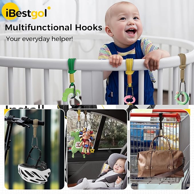 Baby Stroller Hooks, Universal Clips for Diaper and Mommy Bags, Heavy-Duty Hangers with Straps, Practical Stroller Accessory for Moms, Black-4pc