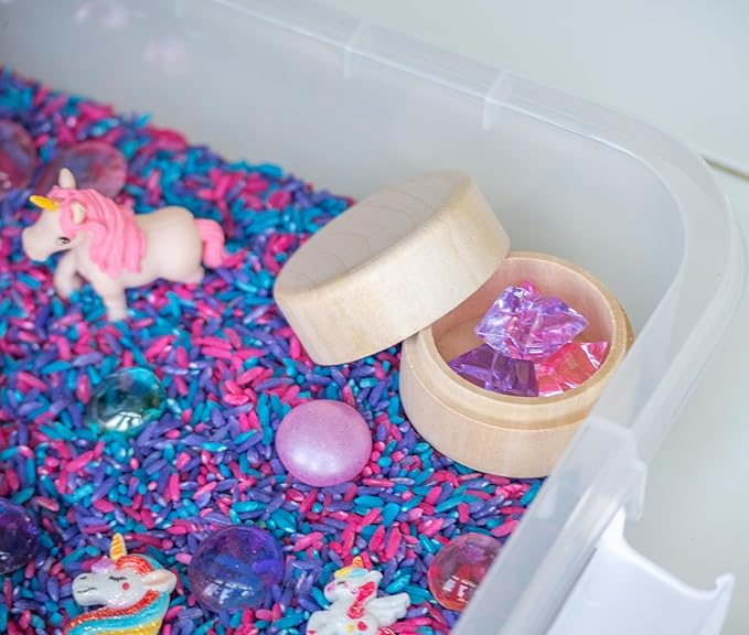 Unicorn Sensory Bin Kit for Kids – Pink, Purple & Blue Rice, Unicorn Figurines & Charms, Crystals & Wooden Tools – Includes Clear Storage Bin