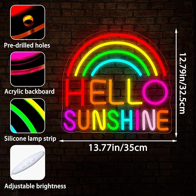 Hello Sunshine Neon Sign for Wall Decor Dimmable Colorful Rainbow LED Neon Lights for Classroom Bedroom Decor Affirmation Positive Wall Art for Party Office Living Room Gifts Size 13.8*12.8in(GLNP300)