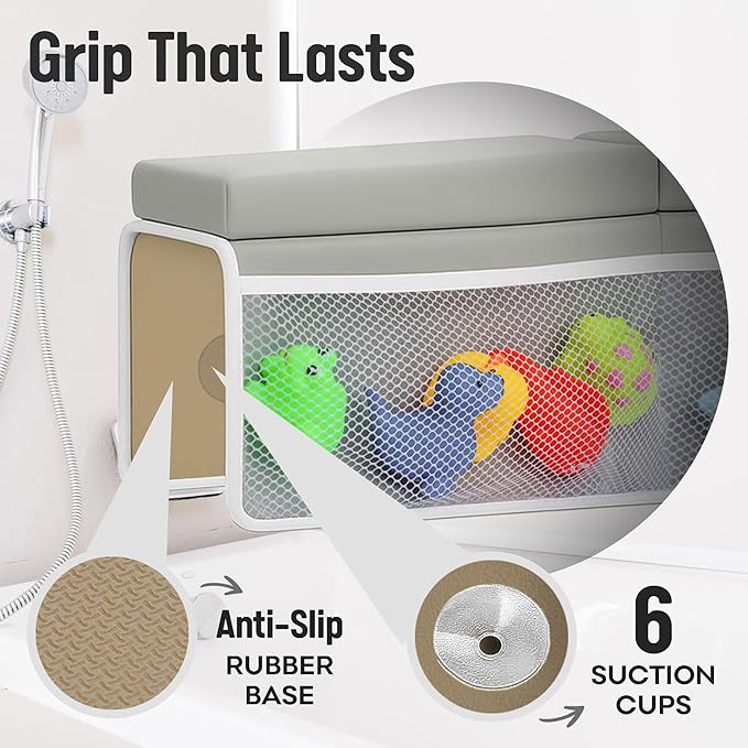Bath Kneeler and Elbow Rest Pad Set – 1.5” Extra Thick Cushioned Kneeling Pad, Durable, Non-Slip Elbow Rest with Storage Pockets & 5 Bath Toys, Baby Bath Accessories Organizer