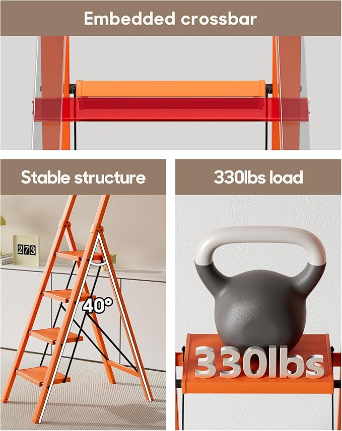 HillhutApex 4 Step Foldable Aluminum Step Ladder with Handgrip, Anti-Slip Pedal, 330 lbs Capacity, Lightweight & Portable for Home, Kitchen, Office, Garage (Orange)