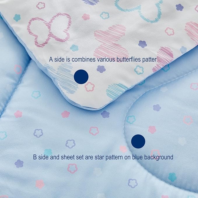JHXHMX Butterfly Toddler Bedding Set for Girls,4 Pieces Bed-in-a-Bag Toddler Bed Set,Soft Crib Comforter Sheet Set Including Comforter,Fitted Sheet,Flat Sheet and Pillowcase-White