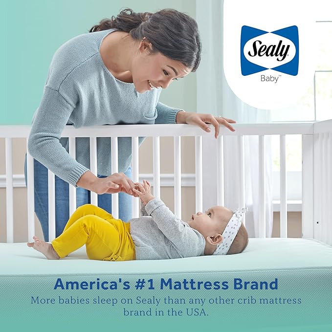 Sealy Baby Cozy Brilliance Breathable Crib Mattress, GREENGUARD GOLD Certified, Made in USA, Firm Dual Firmness, Toddler Bed Fit, Rayon, Waterproof, Non Toxic, Washable Zip Cover, 52” x 28