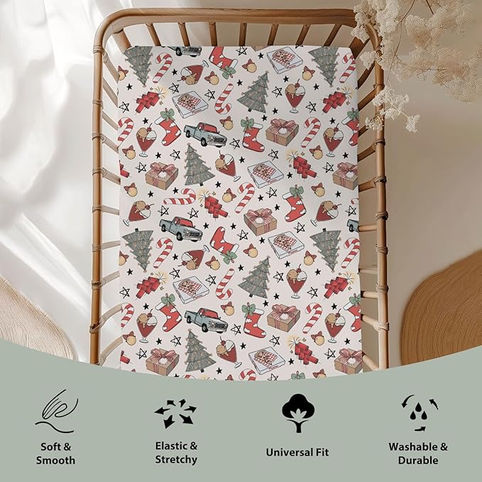 Boho Christmas Movie Baby Crib Sheets for Boy Girl 52x28 Christmas Tree Stockings Candy Pizza Truck Soft Snug Fitted Crib Mattress Cover Winter Holiday Baby Sheet for Standard Crib & Toddler Mattress
