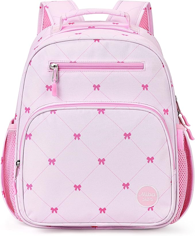 mibasies Girls Backpack 5-8: Lightweight Kids Backpacks for Girls - Girl Bookbag for Elementary School - Diamond-shaped Bow Pink